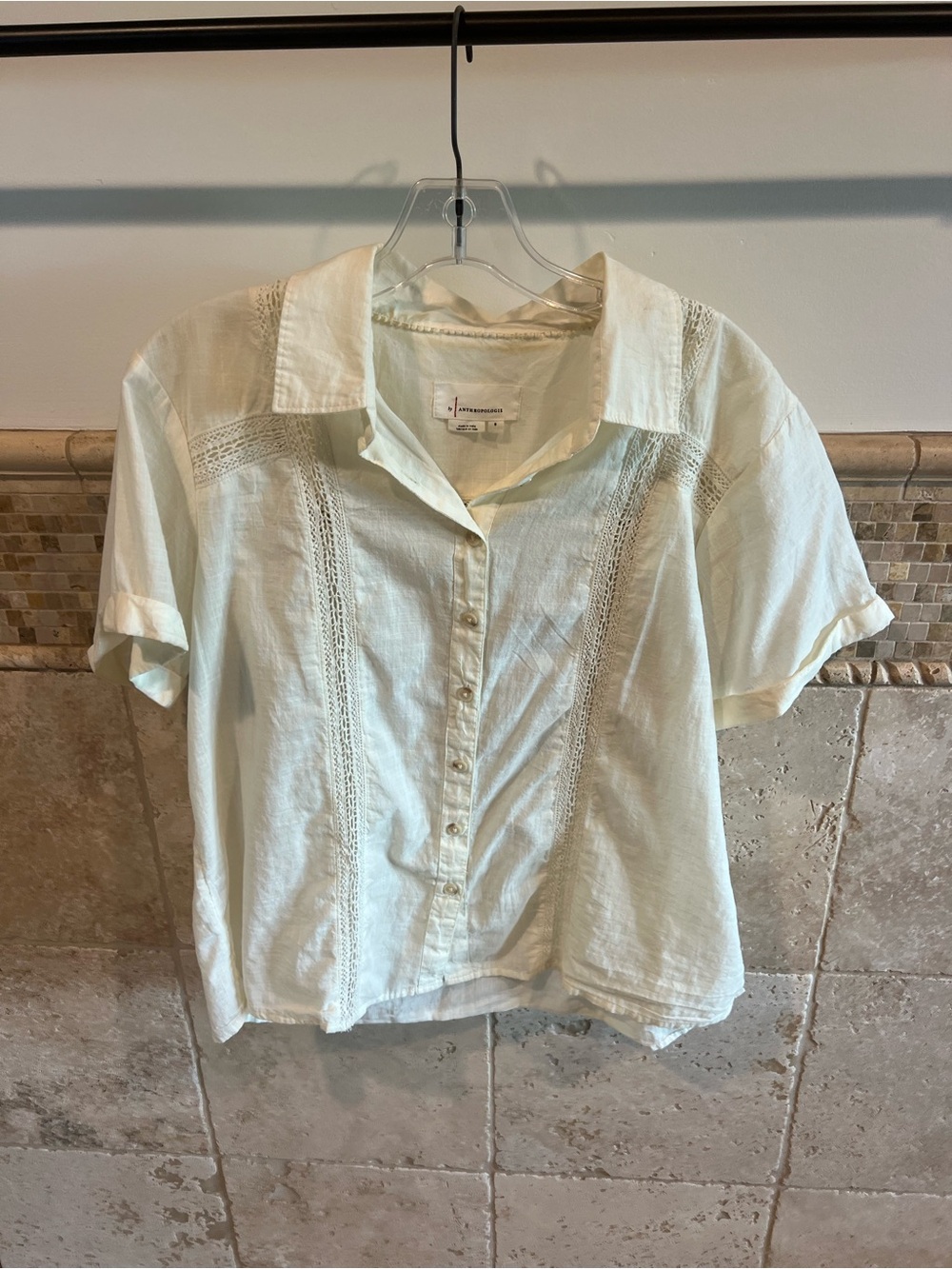 Anthropologie Cream Button-Front Short Sleeve Lace-Panel Shirt